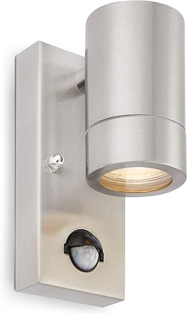 National Lighting PIR Outside Lights - Outdoor Security Lights - Brushed Stainless Steel Motion Sensor Presence Detector External Lantern Light - IP44 Rated 7W 240V LED GU10 Lamp (Not Included)