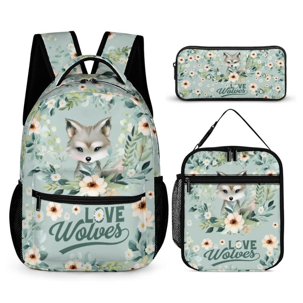 Wolf Backpack with Lunch Box & Pencil Case for Kids Girls Boys School, 16 Inch Cute Wolf Bookbag, School Backpack for Students Children, Lightweight,