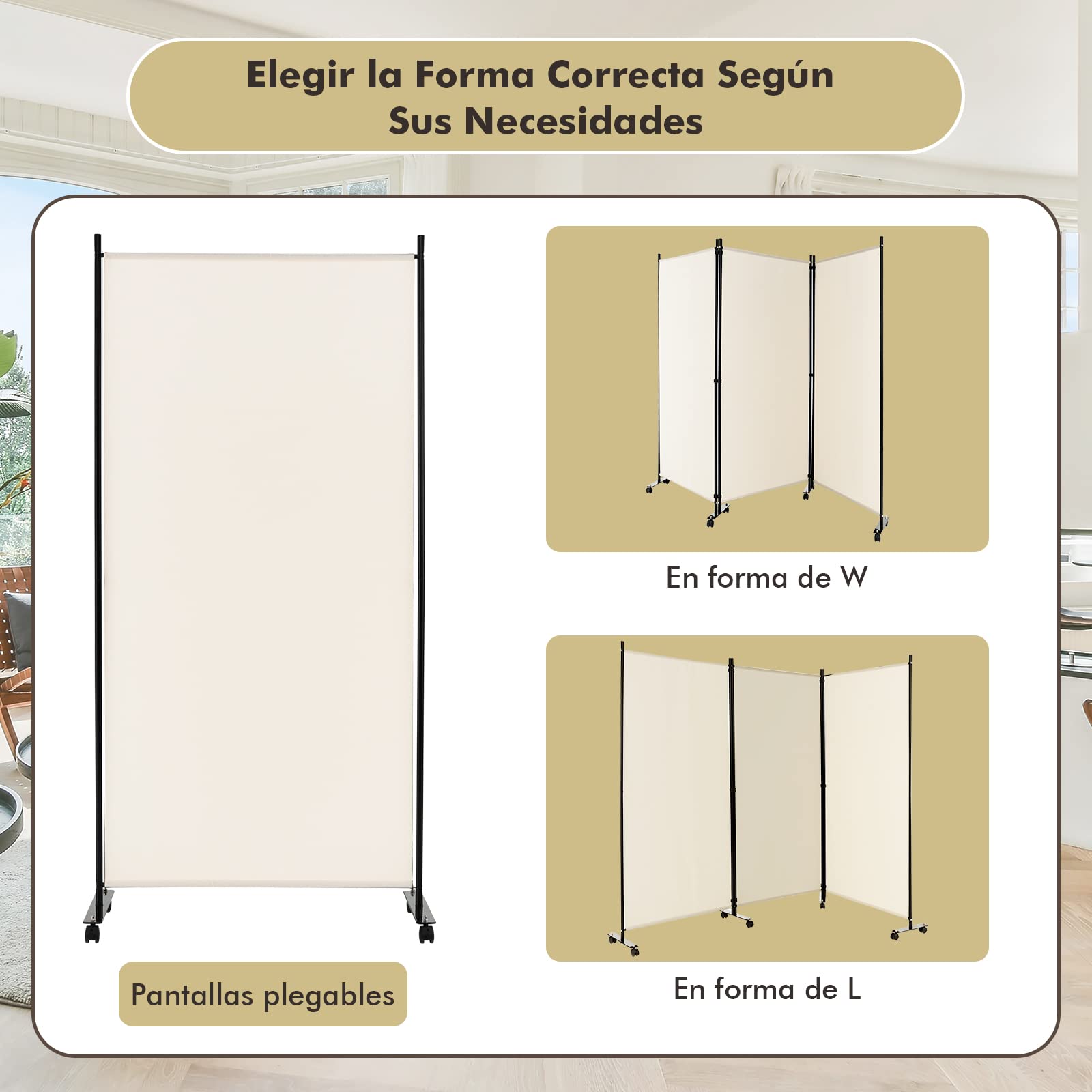 COSTWAY Biombo Separador de Ambientes de 3 Panel con Ruedas Bloqueables, Pared de Separador, Separador de Privacidad Independiente para Sala de Estar, Dormitorio