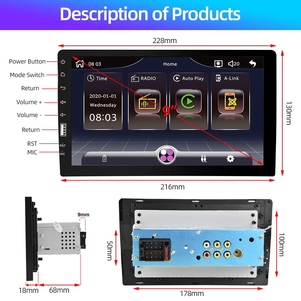 Single Din Car Stereo With 9" Touchscreen, Apple CarPlay & Android Auto - Bluetooth Multimedia Player With Backup Camera
