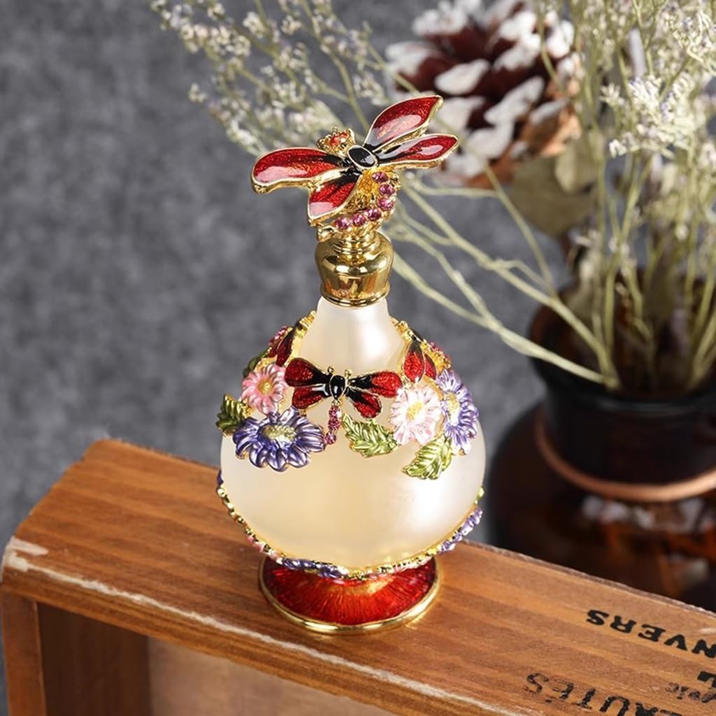 Bottiglia di profumo vintage, vuota, 25 ml, con coperchio a libellula, in vetro decorativo
