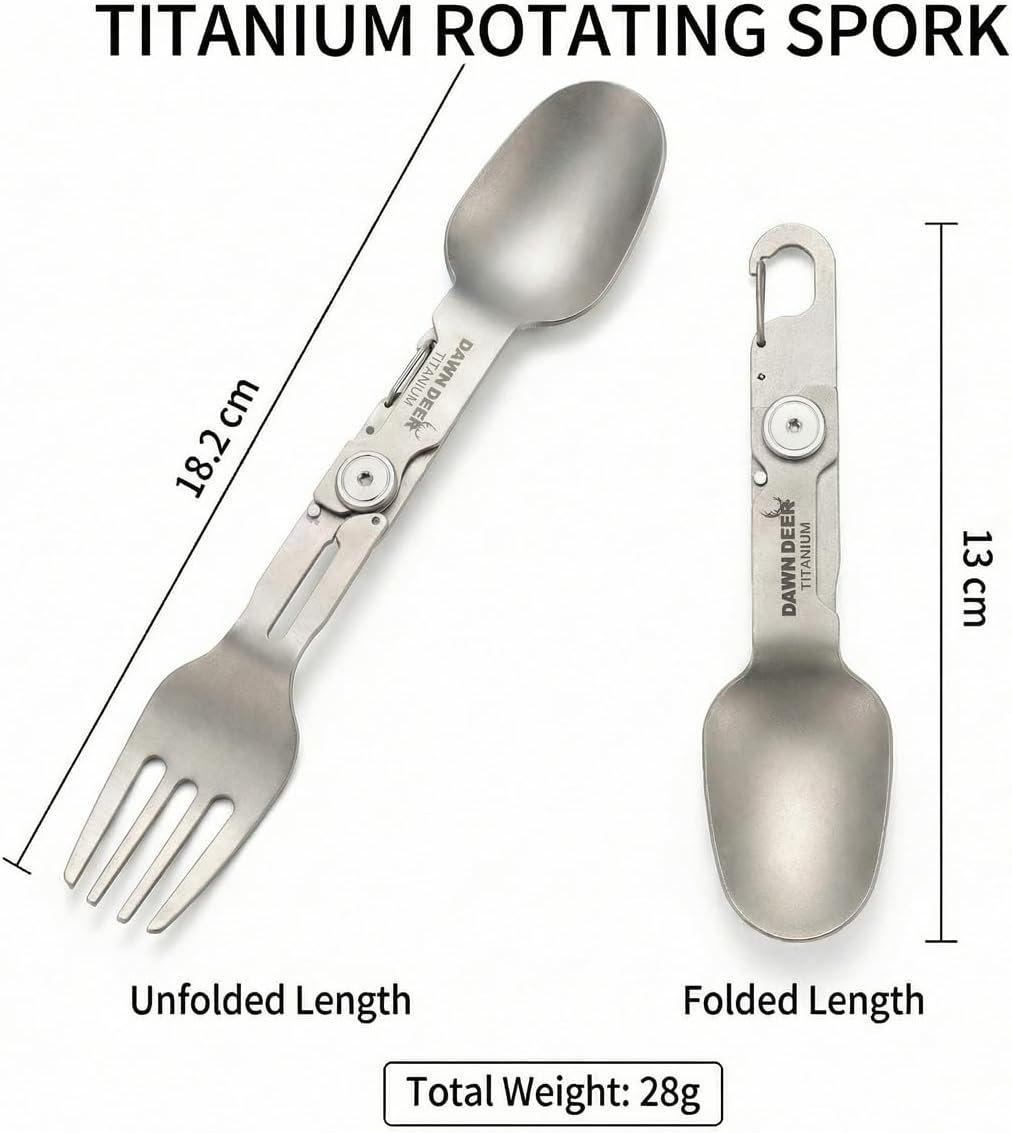 Titanium Rotating Spork and Knife, Folding Spoon and Fork for Camping, Multifunctional combination tableware - Lightweight, Durable Travel Utensil with Compact Design - EDC Survival Gear