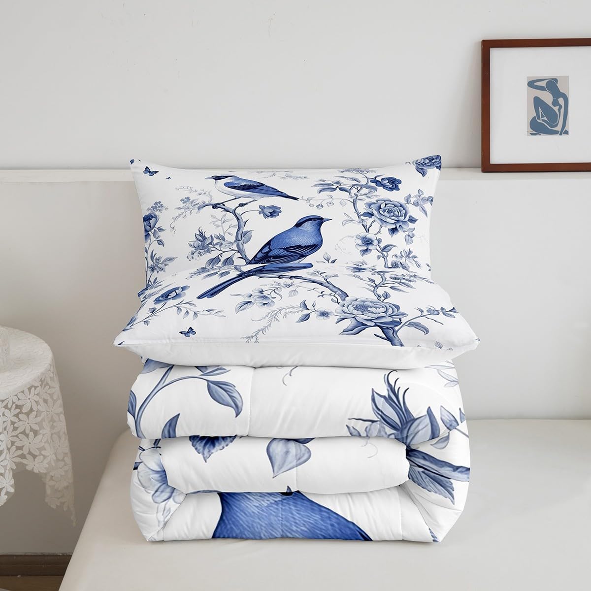 Erosebridal Spring Garden Queen Comforter Set Cute Birds Animal Wildlife Bedding Sets,Girly Rose Floral Down Comforter White Navy Blue Quilted Duvet for Mum,Microfiber