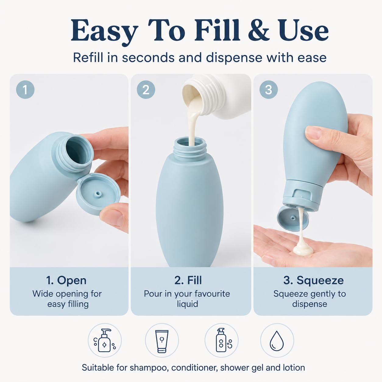 DDUP 3 Pcs Travel Bottles Set,60ML Travel Bottles & Containers,Small Mini Empty Plastic Squeeze Bottles for Travel Toiletries,Shampoo and Conditioner with Storage Bag.(Multicolor) 3