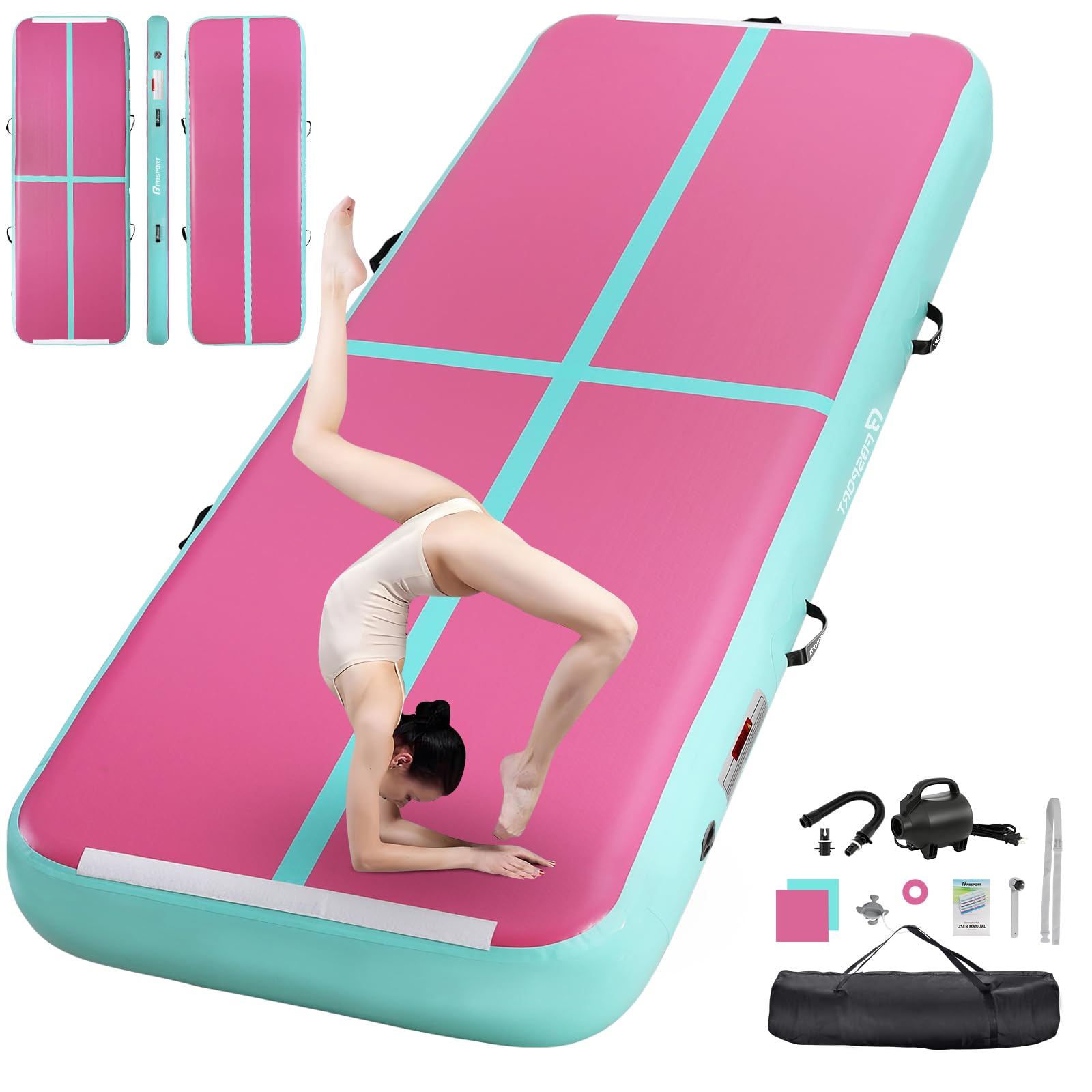 FBSPORT Airtrack Matte,10/20cm Hoch Verdicken 2/3/4/5/6/ M Tumbling Matte,Gymnastikmatte mit Luftpumpe,Trainingsmatte mit Tragetasche,Turnmatte für Zuhause, Outdoor,Yoga, Übungsgymnastik usw