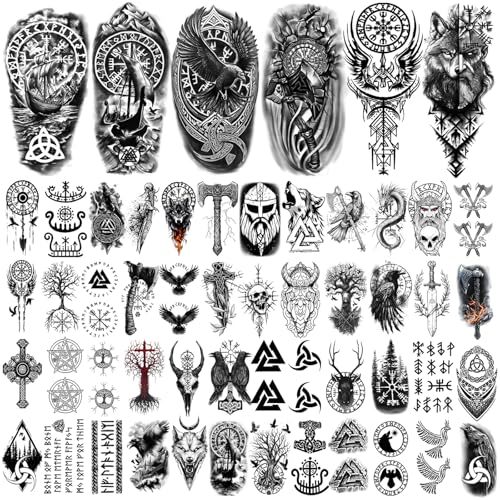Image of 77 sheets Viking Temporary Tattoos Adult, Nordic Celtic Tattoos, Totem Tribal Fake Tattoo Stickers for Viking Costume, Nordic Norse Yggdrasil Valknut Fake Arm Tattoos for Women Men Kids