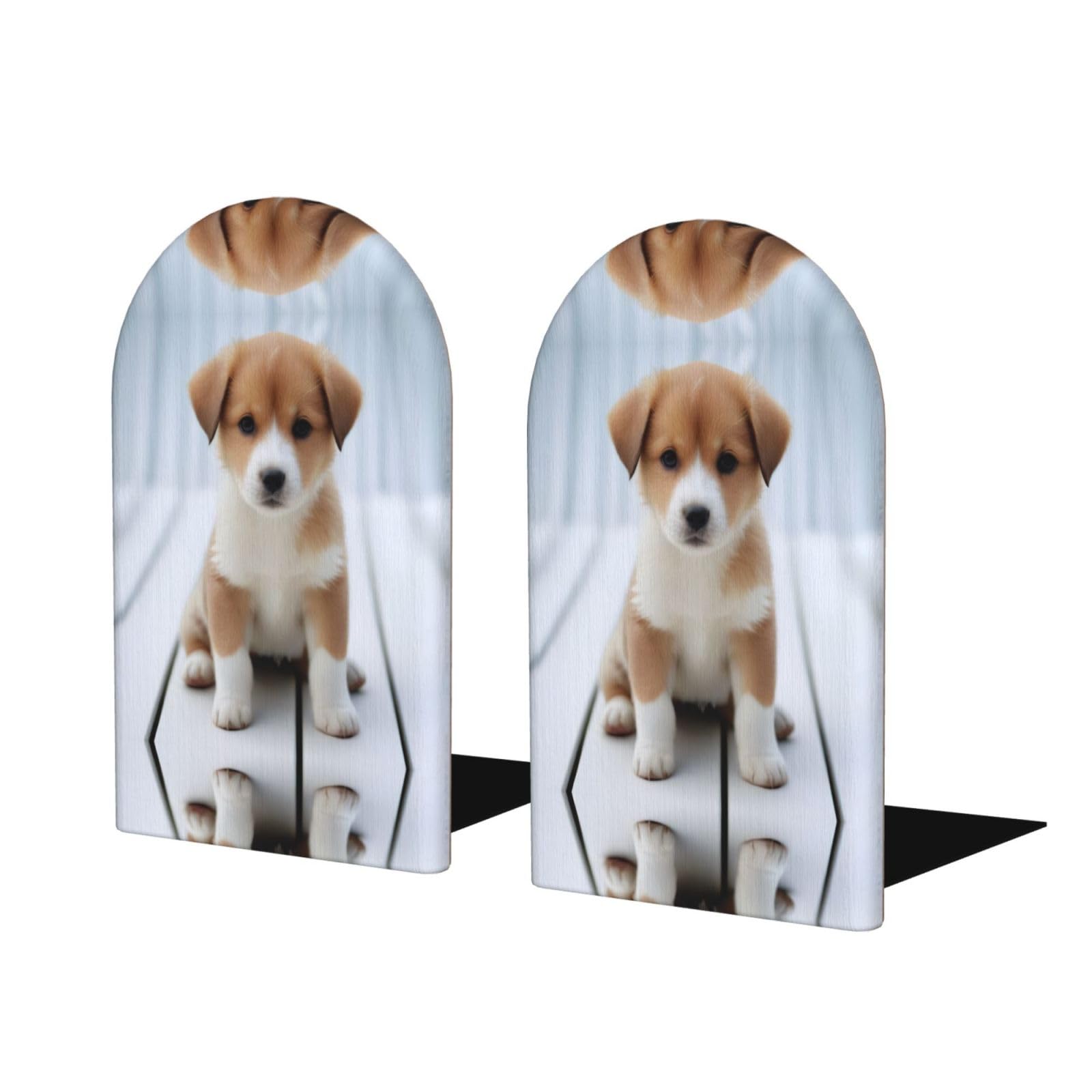Cute Puppy Dog Stylish Bookends with Full-Print Design Durable Wooden and Metal Bookend Set for Home, Office