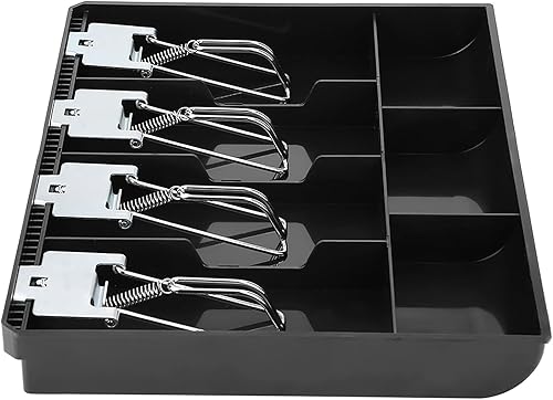 Bandeja de efectivo negra para cajón, bandeja de inserción de repuesto para cajero de 4 cajas con clip de metal para uso comercial 12.7 x 9.6 x 1.4