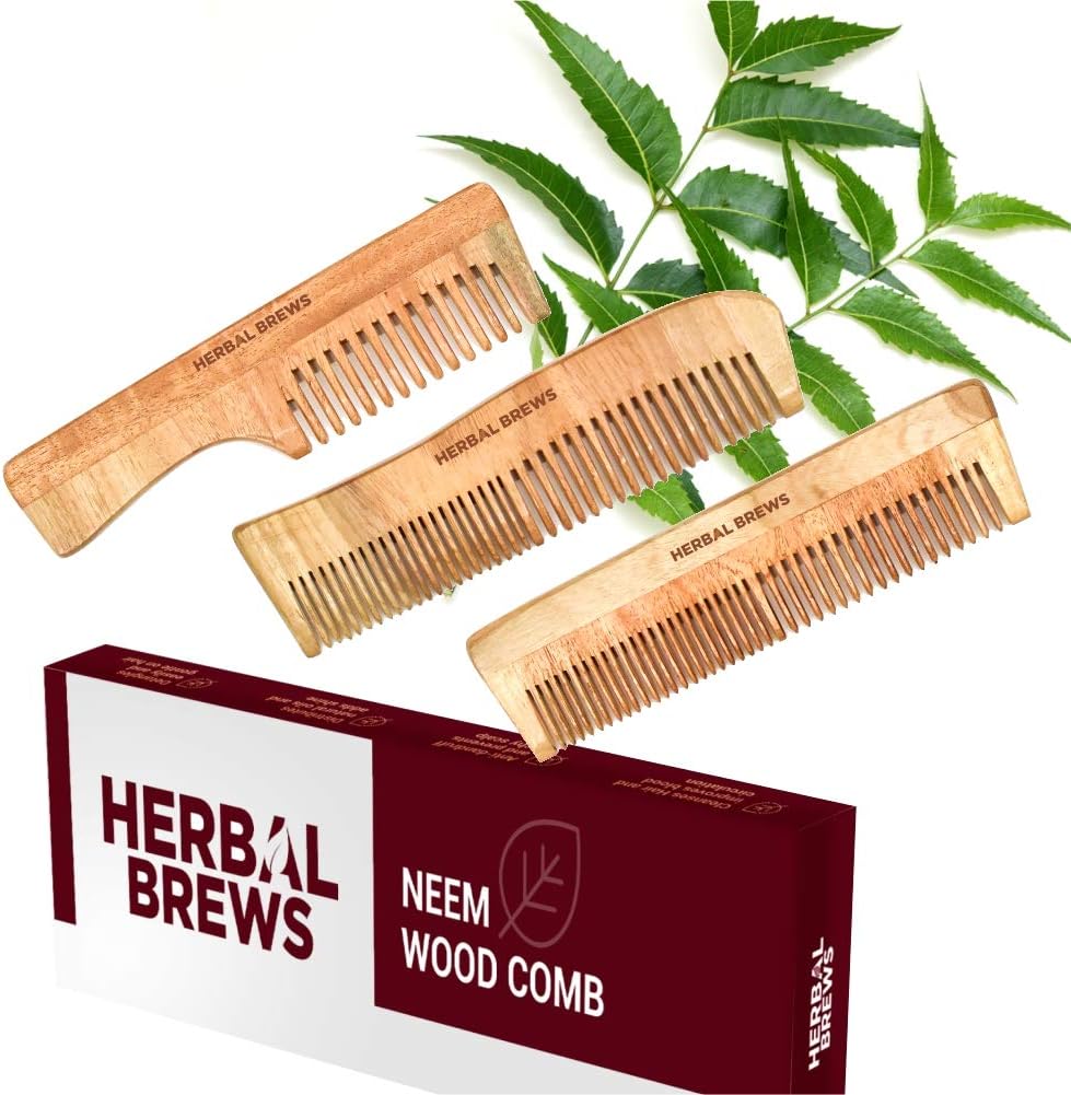 Herbal BrewsDesi Neem Wooden Comb for Women & Men | Hair Growth | Anti-Bacterial, Dandruff Remover & Hair Styling Comb | Handcrafted (Set of 3)