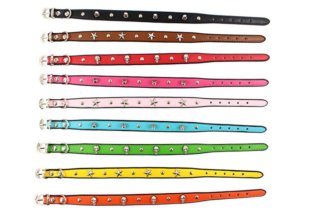 Buntes personalisiertes Design Totenkopf/Niete/Stern Welpen Katzen Halsband 9 Farben optional Rot/Gelb/Schwarz/Braun/Pink/Grün/Orange/Rosarot/Blau (S, Grün (Totenkopf))