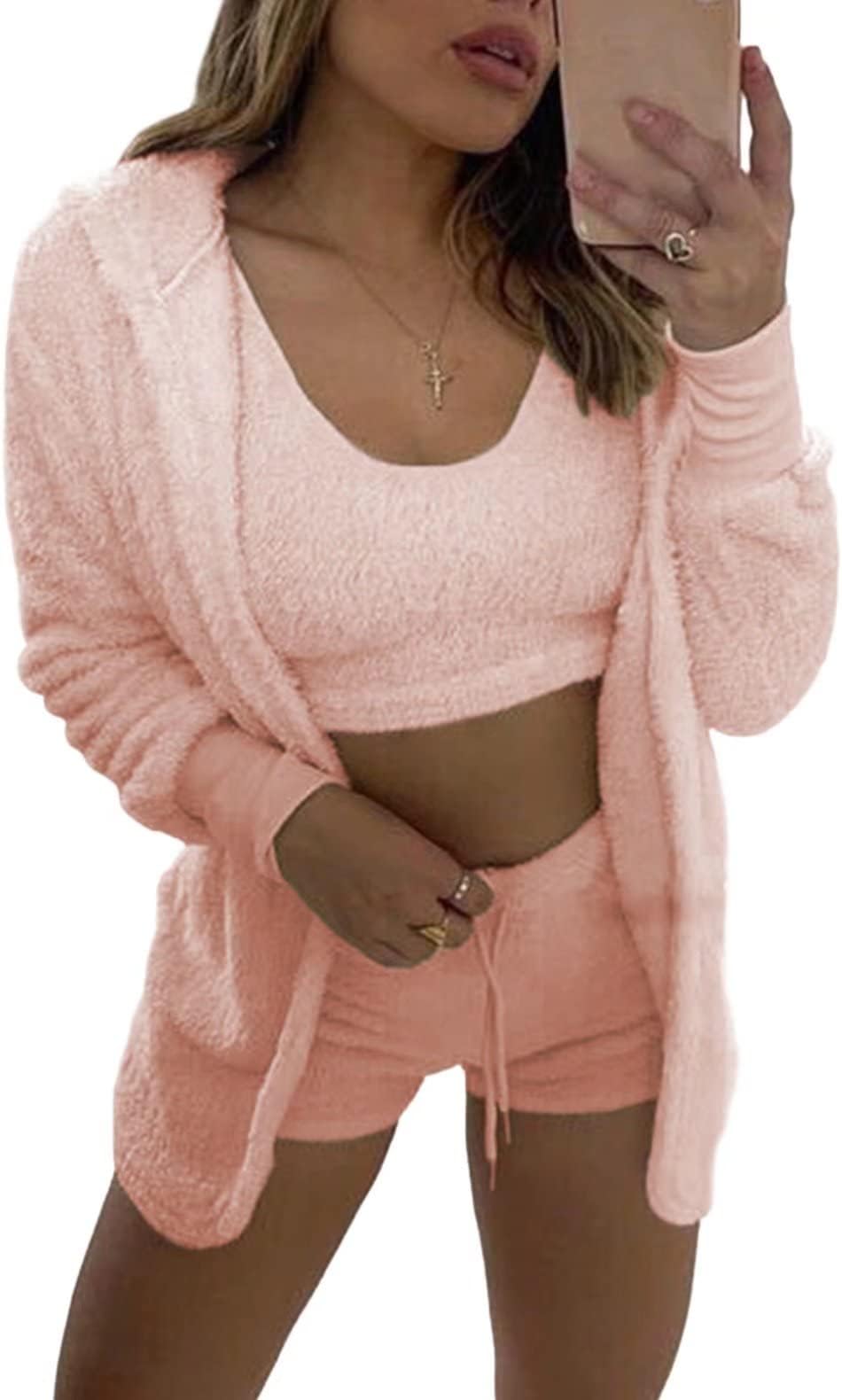Women's Warm Fuzzy 3 Piece Outfit Hoodie Cardigan Crop Top Drawstring Shorts Set Loungewear