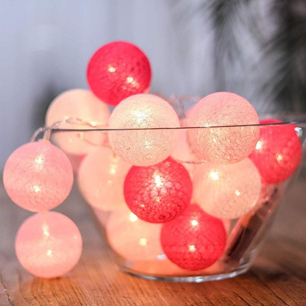 HOTUT Cotton Ball Fairy Lights, 3.3M/10.83Ft 20 LED Battery Powered String Lights, Colorful Globe Ball Fairy Lights, LED Fairy String Lights for Bedroom Wedding Party Home Christmas Decoration, Pink