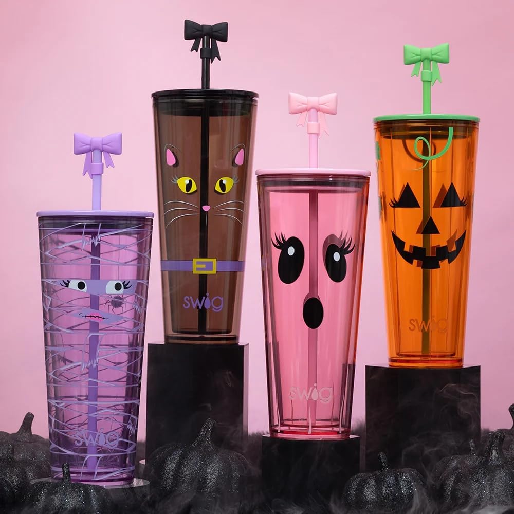 Swig Life 24oz Plastic Tumbler, Halloween Cup Holder Friendly Travel Tumbler with Lid & Straw, BPA Free Plastic Cups, 24 oz Reusable Water Cup with Lid & Straw (Boo Crew Cat) - Image 2