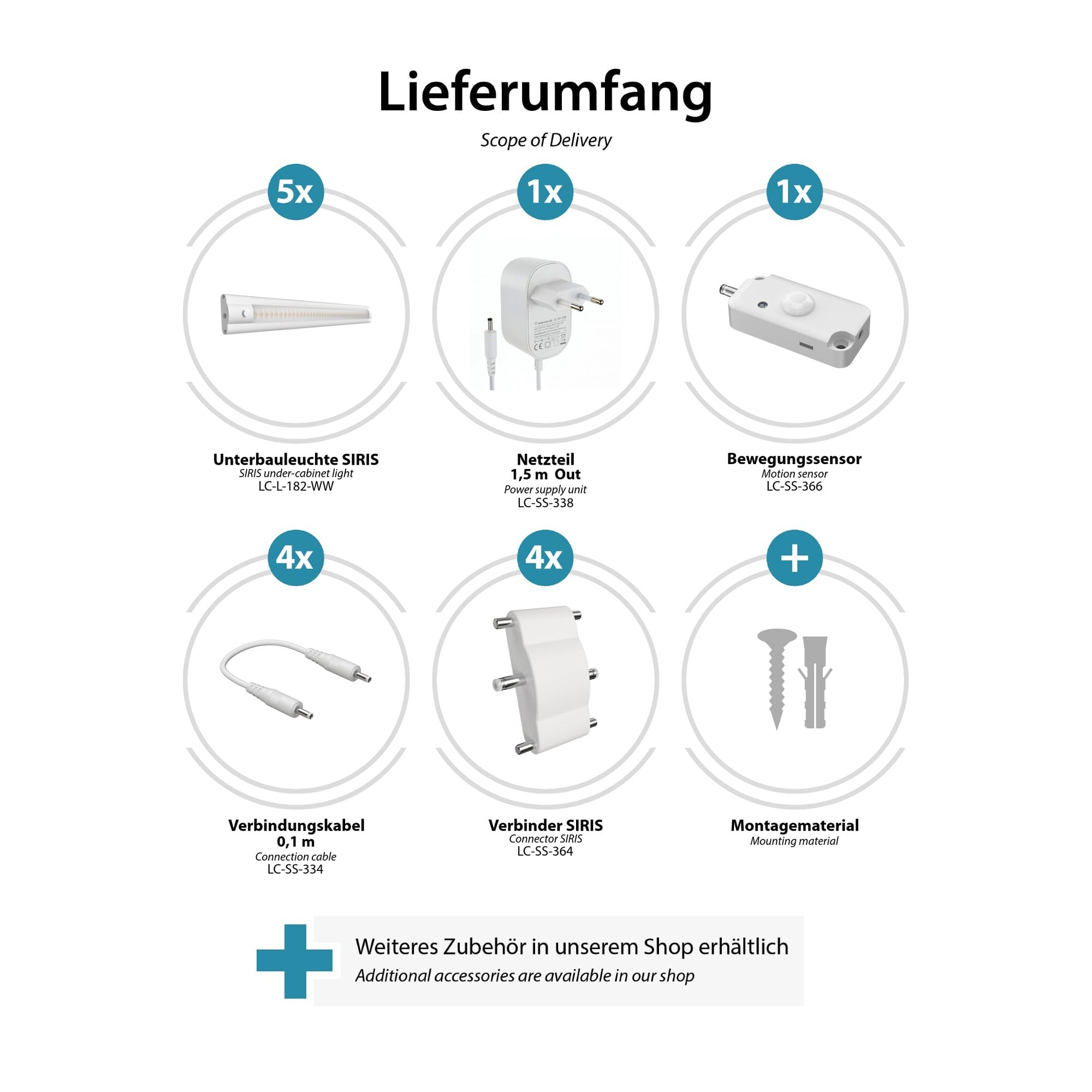 ledscom.de LED Unterbau-Leuchte SIRIS weiß matt mit Bewegungsmelder, flach, je 30cm, je 368lm, warm-weiß, 5er Set