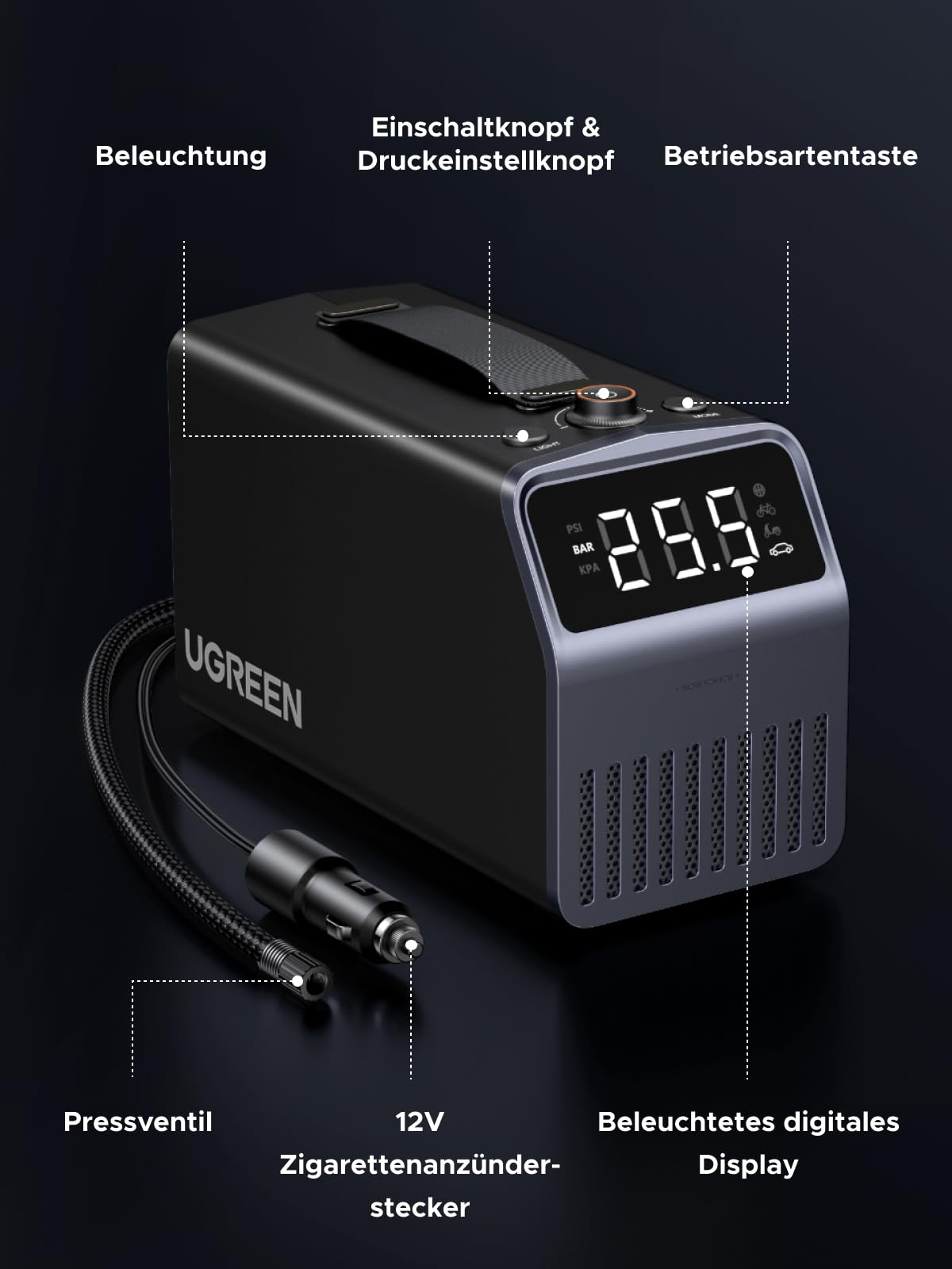 UGREEN Luftkompressor mit 3x4500mAh Akku, 150PSI | 12V Tragbare Automatische Reifenpumpe für 4 Reifenfüller mit Digitalanzeige für Autos, Motorräder, Fahrräder, Ballons