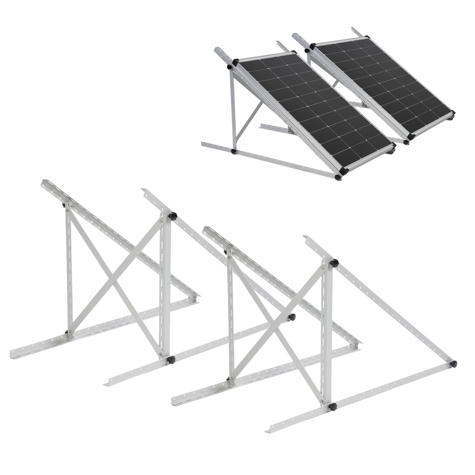 Solarpanel Halterung 45 Zoll, 0–90° verstellbar, bis 118 cm für 100–400W Solarmodule, 2400Pa windfest, Solarhalterung für Balkon, Dach, Wohnmobil, Caravan, Boot, Gartenhaus（2sets UP）