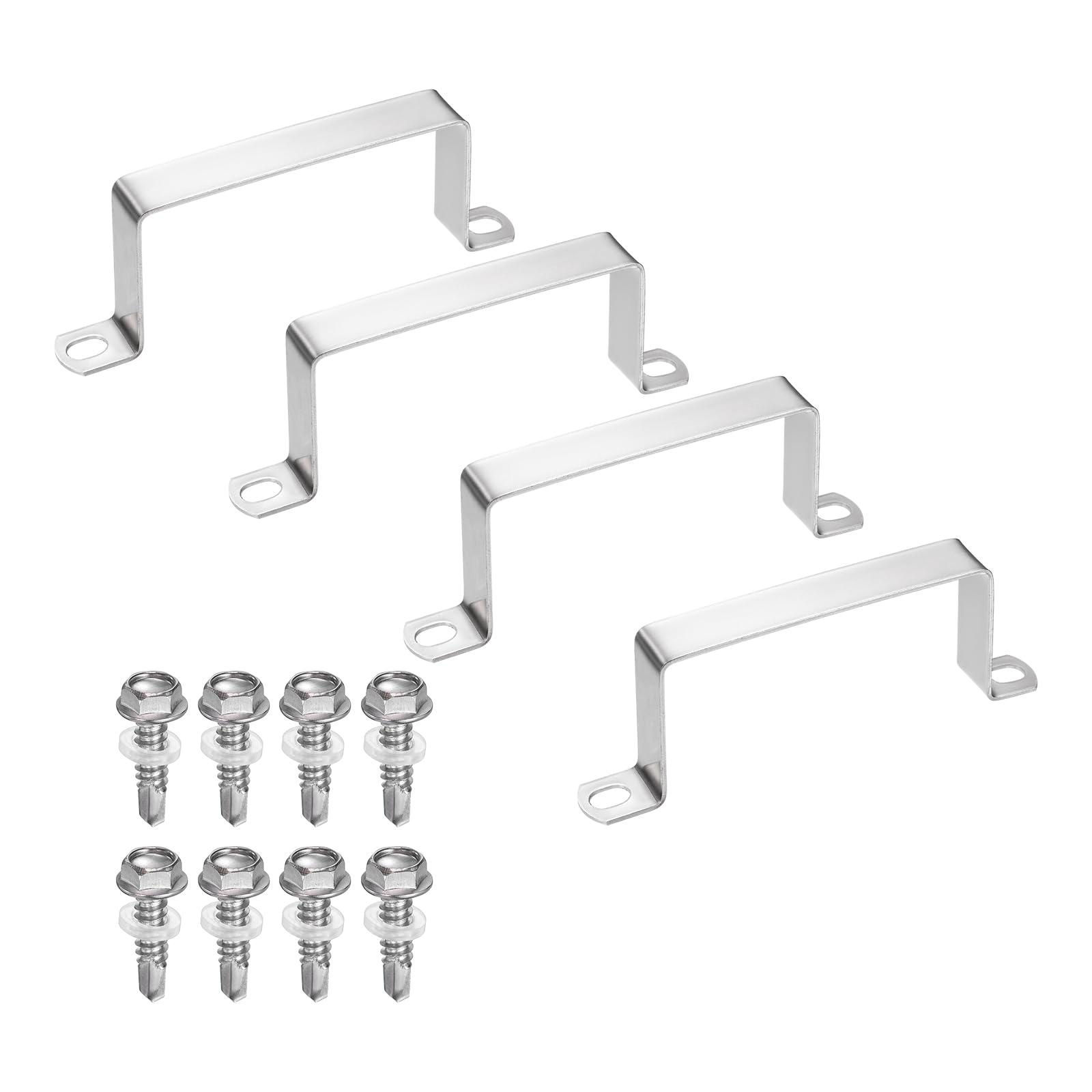 sourcing map 4set U Shaped Connector Bracket 100x50mm 304 Stainless Steel Square Pipe Clamp with Self Tapping Screw Square Tube Buckle for Pipe Hose Cable Automotive Parts, Silver