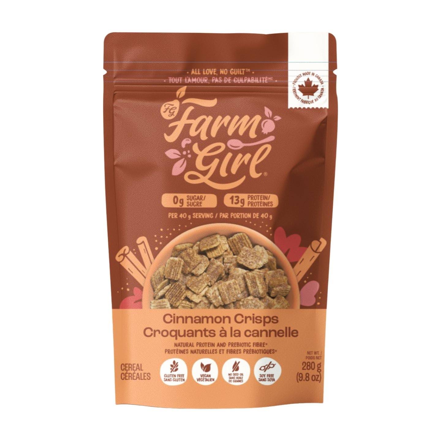 Farm Girl Cinnamon Crisps Artistian Keto Cereal - Low Carb Non-GMO Gluten Free Low Sugar Zero Preservatives - Plant Based Protein - Perfect For Keto Vegan and Paleo Diets - Made in Canada (280g)