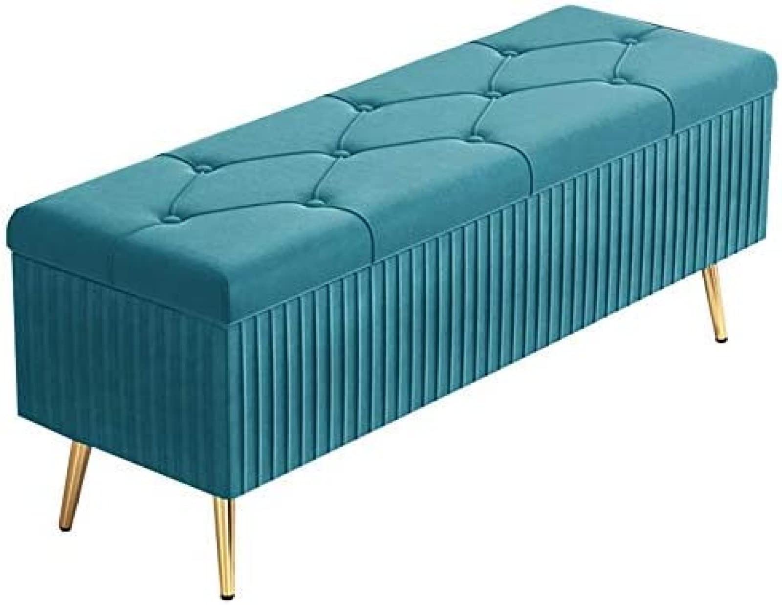 Tabouret de rangement pliable en velours bleu avec pieds en métal