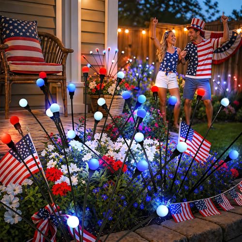 Image of 4th of July Outdoor Decorations, Red White Blue Lights Solar Firefly Lights, Patriotic Outdoor Decor for Independence Day, Fourth of July Decor for Garden Yard (4 Pack,Red, White, Blue)