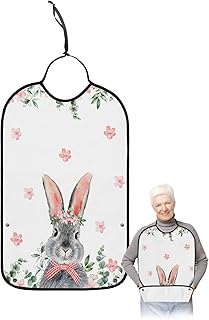 Kewadony Adult Bibs for Elderly Women - Easter Waterproof Dining Clothing Protectors with Crumb Catcher for Eating/Feeding, Grey Bunny Bow Eucalyptus Leaves Pink Flower Terry Cloth Bib Washable