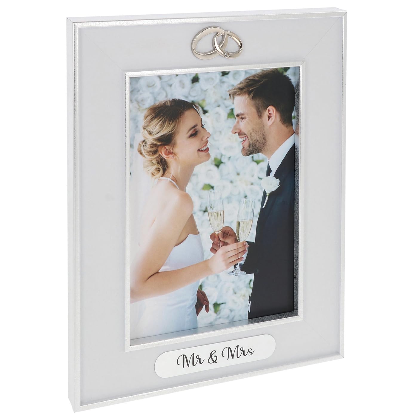 Shudehill Giftware Rings Silver & White Event Frame Sentiment 5X7 White Portrait Photo Frame - Mr & Mrs Or Engaged Wedding Gift Ideas (Rings)