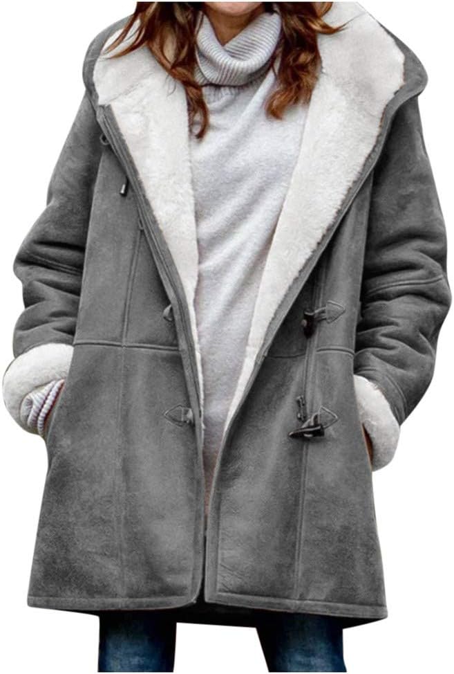 SHAOBGE Womens Plus Size Winter Coats Warm Sherpa Fleece Lined Jackets Hooded Parka Faux Suede Pea Coat Outerwear 2024