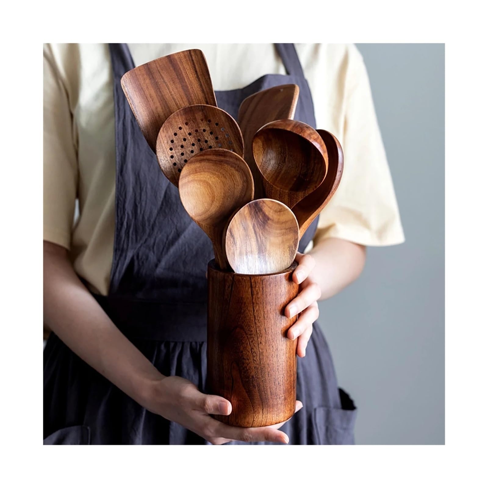 Küchenutensilien-Set aus Holz, bestehend aus Pfannenwender, Löffel, Salatgabel, Rührlöffel, Backutensilien und Aufbewahrungseimer.(5Pcs)