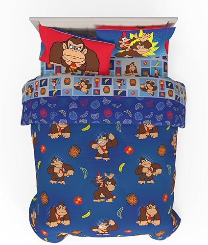 Franco - Collectibles - Ropa de cama de Donkey Kong de Nintendo - Juego de 7 piezas con edredón reversible y sábanas supersuaves, con funda