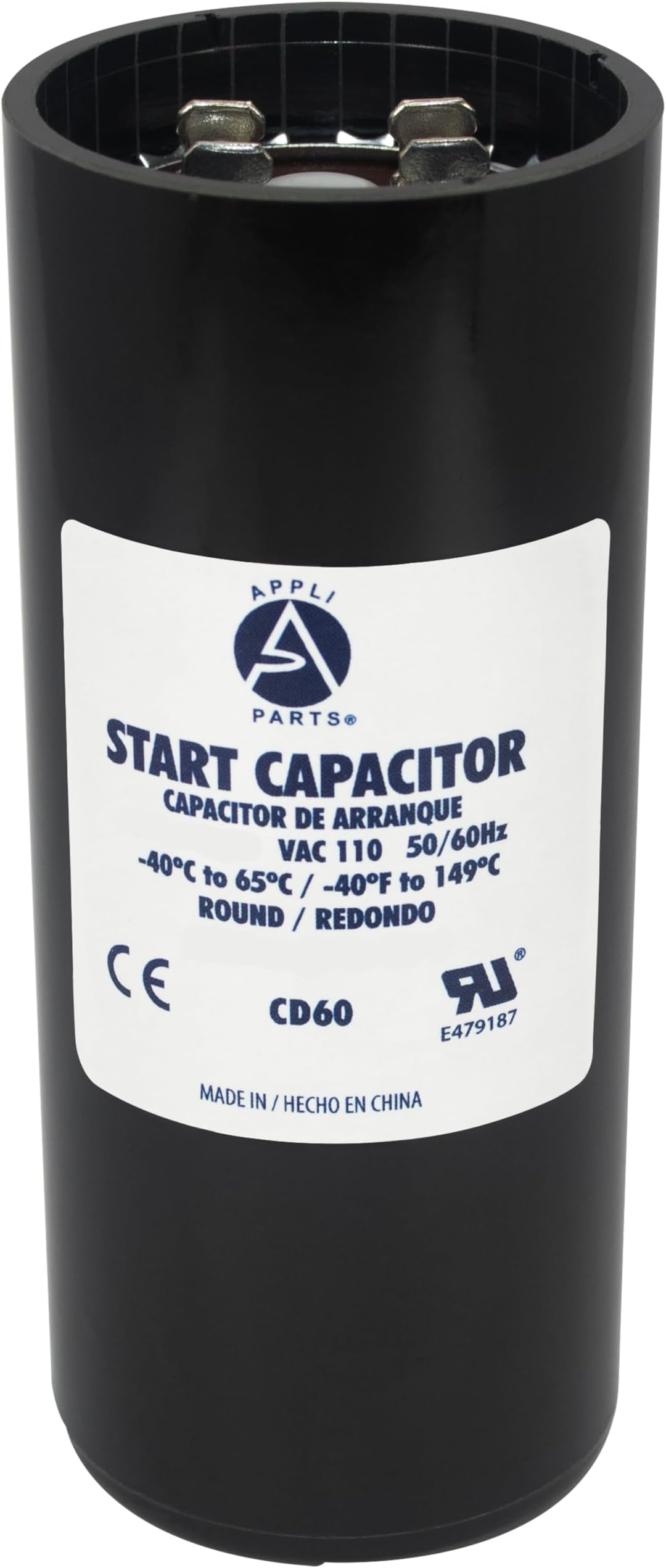 Appli Parts CON-460-110 Motor Start Capacitor 460-553 MFD uF, 110-125 VAC. Universal for Electric Motor Applications, 1.75 in Wide, 3.38 in Height