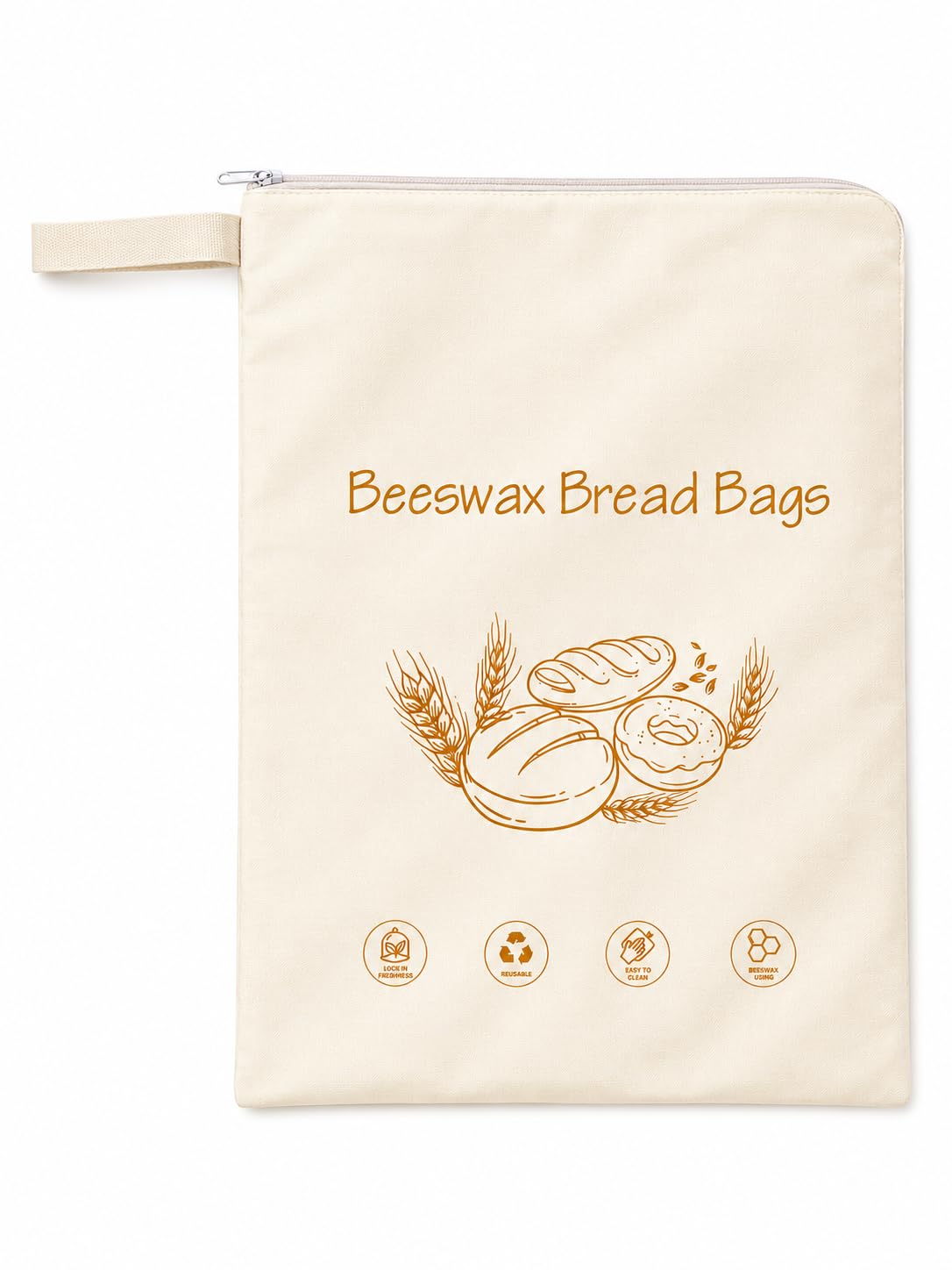 Natural Beeswax Bread Bag with Zipper Closure, 17 x 13 in Organic Cotton Reusable Storage Pouch with Beeswax Lining for Homemade Loaves, Sourdough and Baguettes (1, Natural Beige)