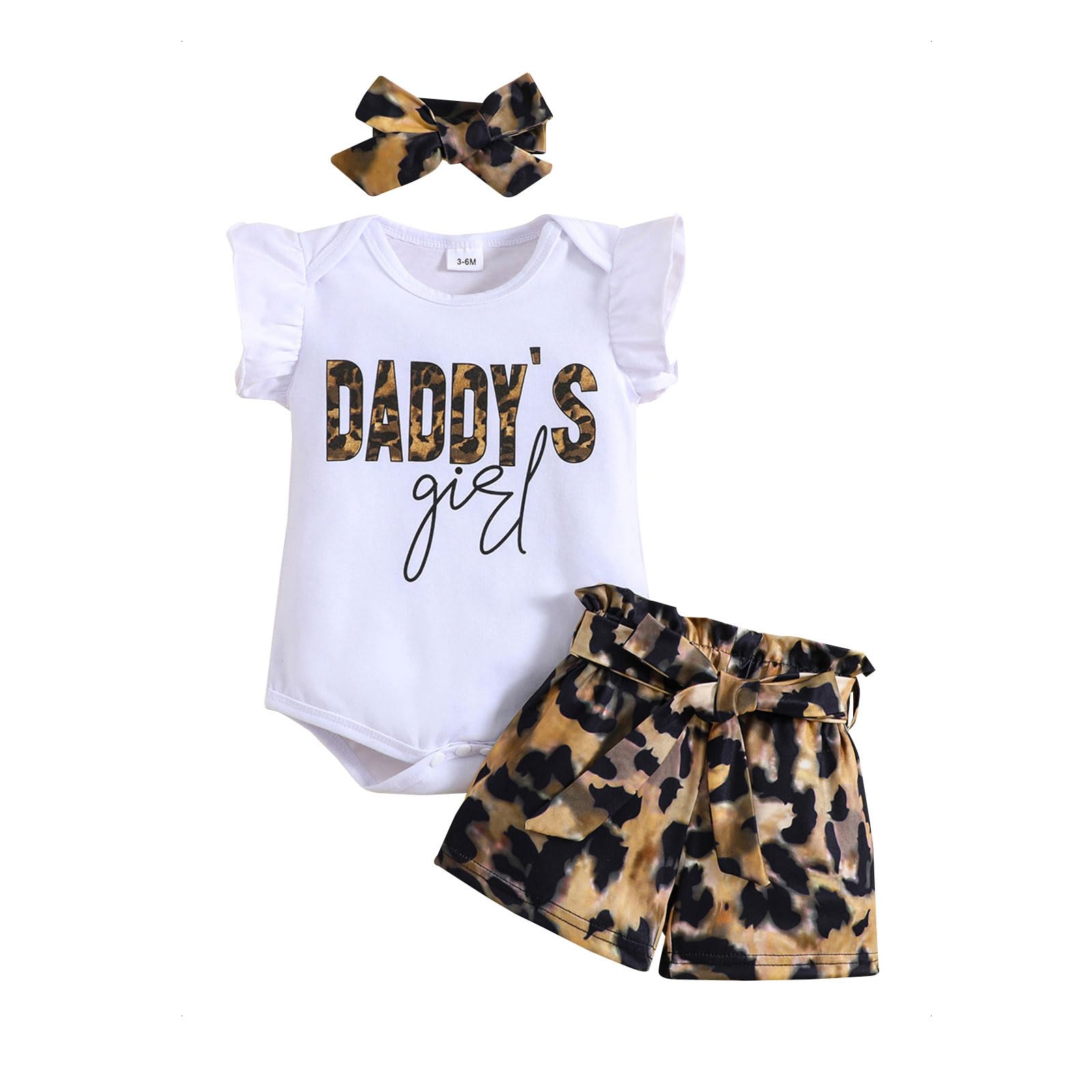 KONFEN Conjunto Ropa Bebe Niña Recien Nacido, Manga Corta Mono con Volantes + Estampado de Leopardo Cortos + Cinturón + Diademas Conjunto de 4 Piezas para Bebés 0-24 Meses