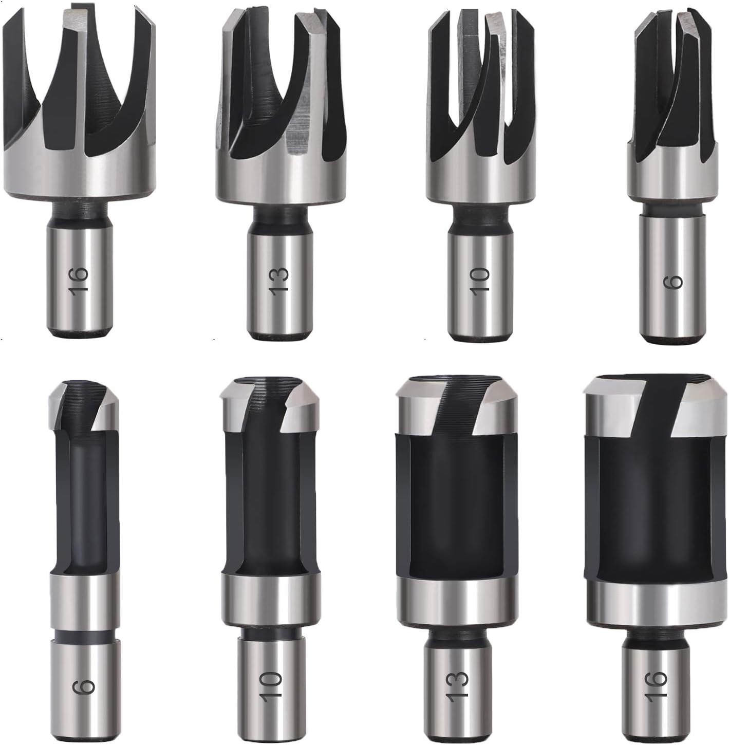 Baorder 8Pcs Wood Plug Cutter Drill Bit Set Carbon Steel Titanium Coated Woodworking Chamfer Drill Bits Straight and Tapered Taper 5/8" 1/2" 3/8" 1/4" Cutting Tool