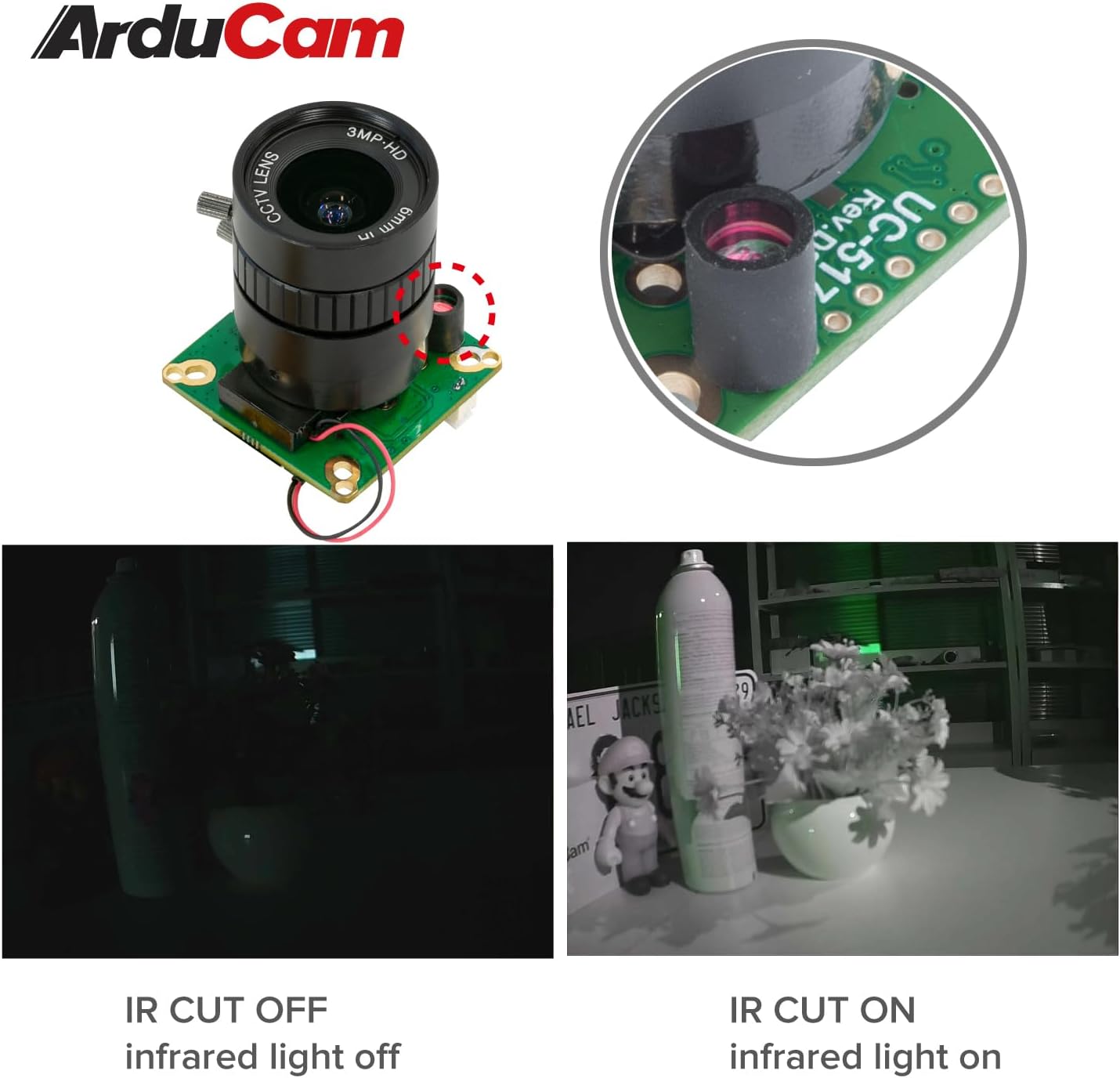Arducam for Raspberry Pi HQ Camera, 12.3MP IMX477 Camera Module with CS-Mount Lens, Automatic IR-Cut Switching All-Day Image, Compatible with Raspberry Pi 5, 4 Model B, Pi 3/3B+, and Pi Zero 2W