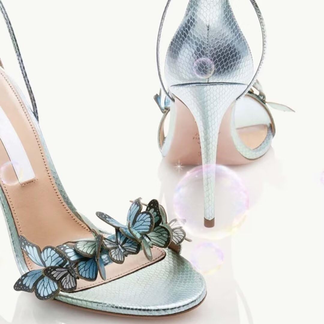 Sandali da donna con tacco a spillo con avvolgente alla caviglia a forma di farfalla, punta aperta, scamosciati, con lacci, eleganti, con tacco alto, per matrimonio e feste, Blu, 40 EU