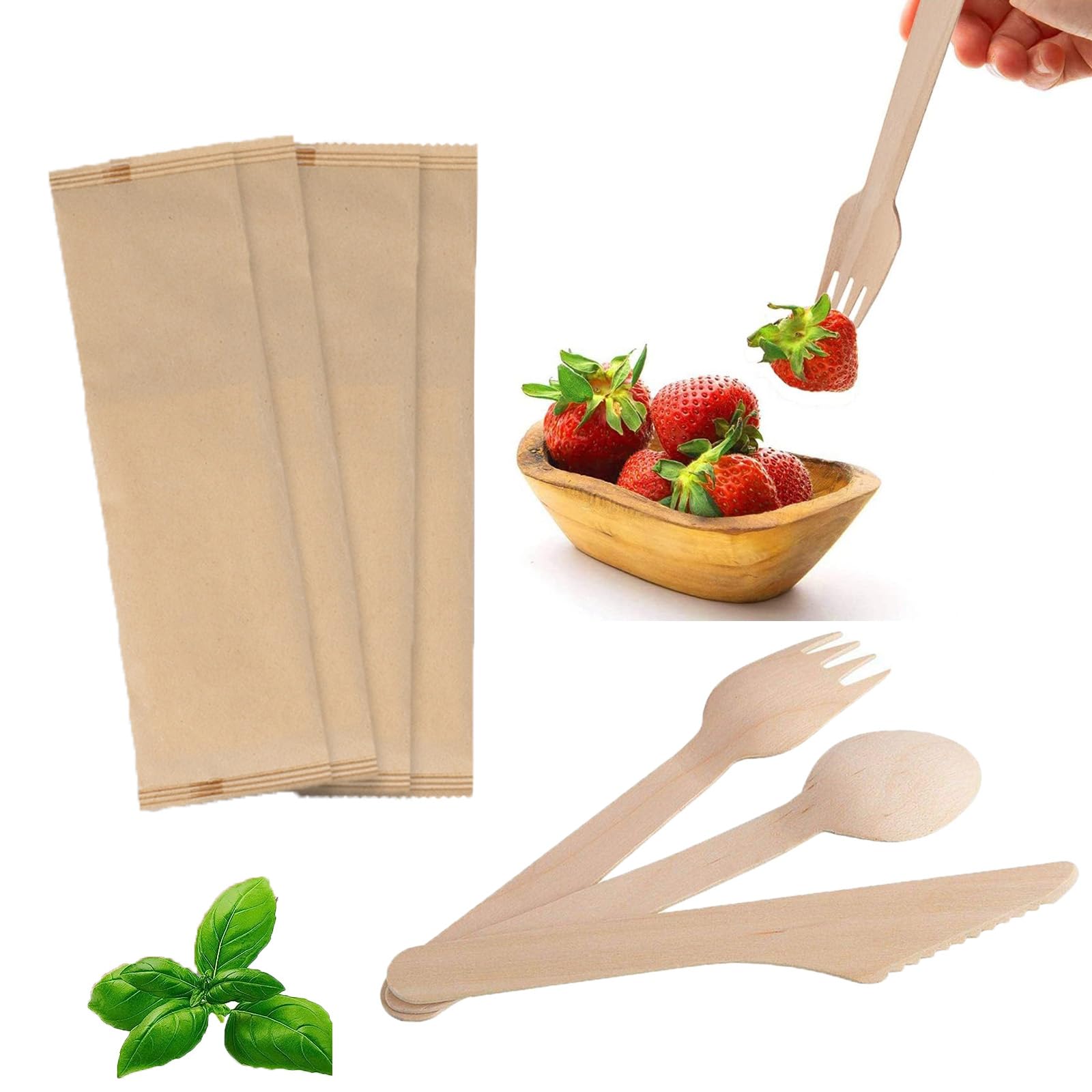 Set Posate Usa e Getta Imbustate in Legno Biodegradabili - Forchette, Coltelli e Cucchiai - Pacco 50 Kit 150 Pezzi