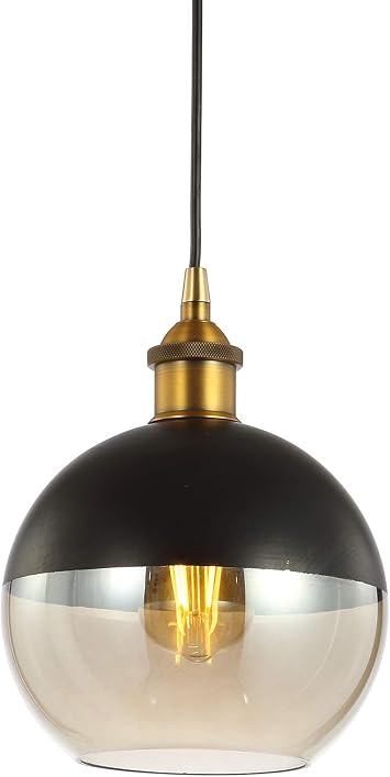 JONATHAN Y 7.5" Brass Gold/Black Mid-Century Modern Globe Pendant Light, Adjustable LED Hanging Ceiling Fixture, Champagne Smoked Glass Shade for Kitchen Island JYL3513A