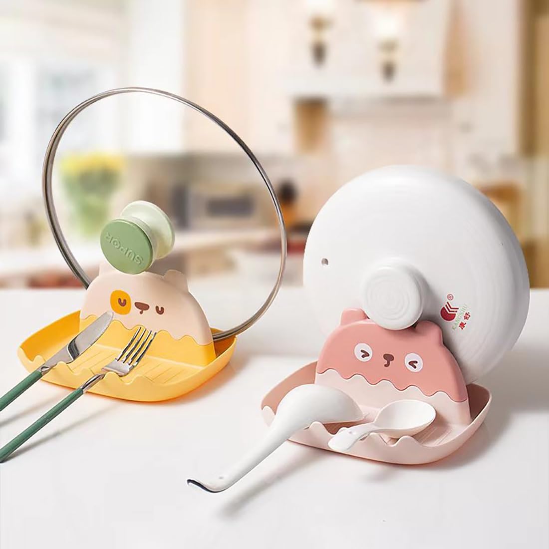 2 Pack Lid and Spoon Rest for Kitchen Counter, Cute Bear Pan/Pot Lid Holder, Drip Tray Pot Lid Organizer, Heat Resistant Utensil Rest for Spatula, Ladle, Flatware, Modern Kitchen Accessories