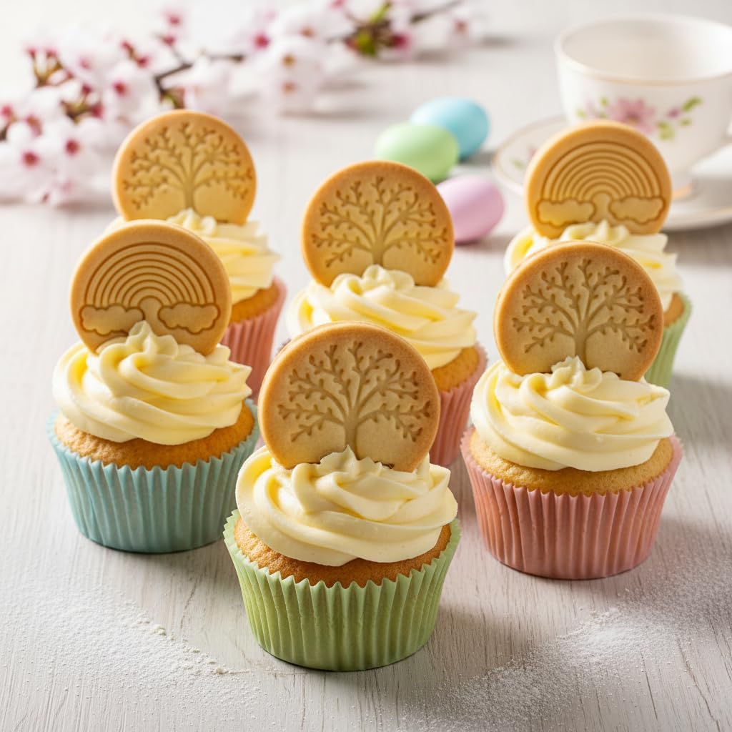 BAKERLOGY New Beginnings - Mini 2" Cookie Cutter & Stamp Set - Rainbow & Lush Tree Design for Easter & Spring Cookies, Cupcakes & Fondant Decorations