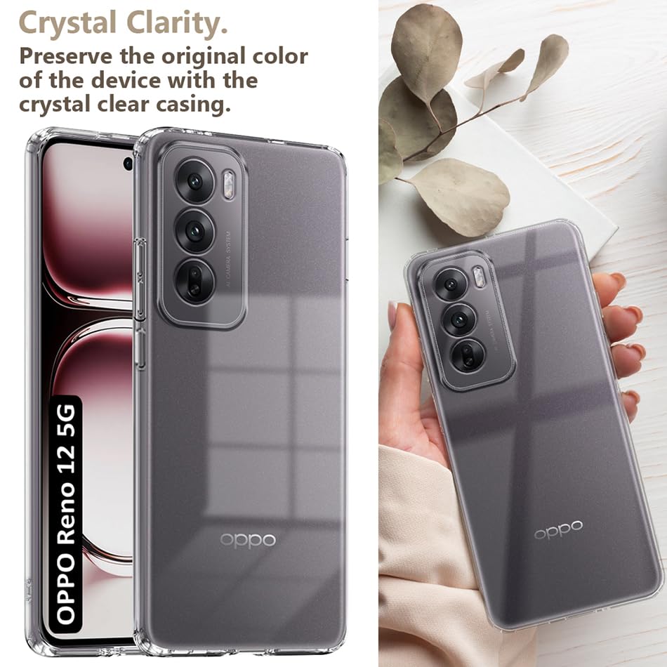 Image of Fashionury Crystal Clear Case for Oppo Reno 12 5G | Yellowing Resistance | Transparent TPU Silicone | Raised Camera Lips | Slim Transparent Cover