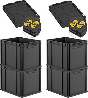 PROREGAL SuperSparSet 4x Eurobox NextGen Grip mit Auflagedeckel & 4 gelben Schiebeschnappverschlüssen, HxBxT 32x30x40cm, 30L, Schwarz, Griffe zu, Eurobehälter, Transportbox, Transportbehälter