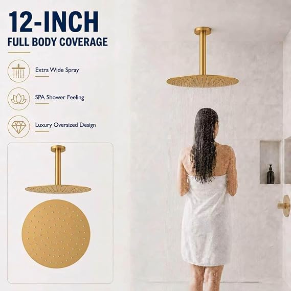 Rainfall Shower head, 12 Inch Round Shower Head, Wall or Ceiling Mounted Ultra Thin Stainless Steel High Pressure Shower Head with Touch-Clean Nozzles, Brushed Brass Gold