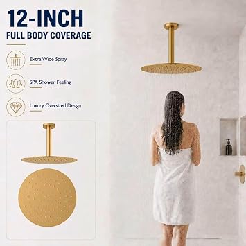 Rainfall Shower head, 12 Inch Round Shower Head, Wall or Ceiling Mounted Ultra Thin Stainless Steel High Pressure Shower Head with Touch-Clean Nozzles, Brushed Brass Gold