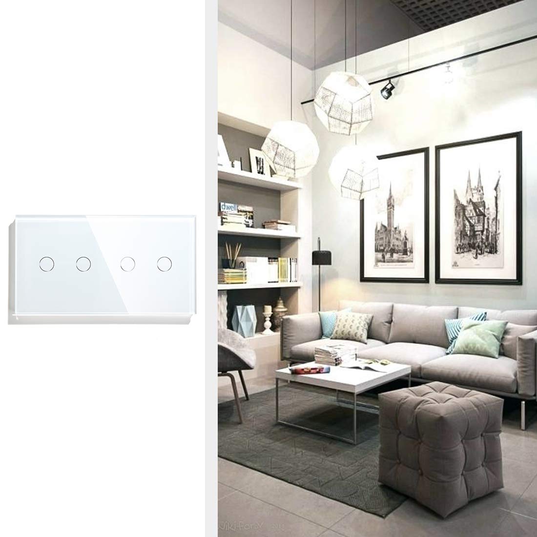 Interruptor Tactil, Interruptor Tactil Pared 4 Gang 1 Way Touch Button Interruptor de 157 mm Interruptor de luz Blanco Black Golden Class Panel for el hogar(Black)