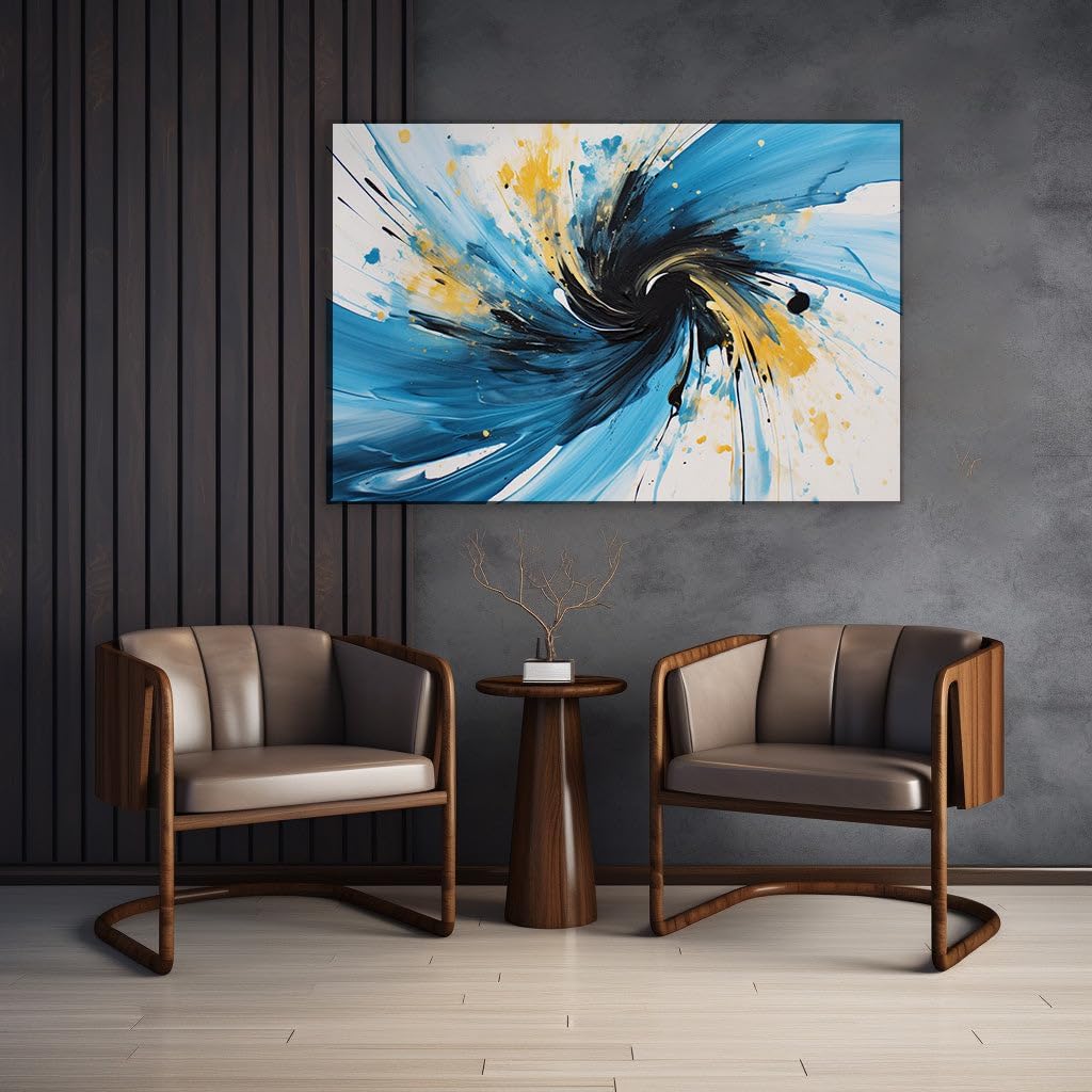 Canvas for Living Room. Vibrant Vortex: A Swirling Symphony of Blue, Yellow, and Black, 27 x 18 inch Canvas Wall Art - Ready to Hang