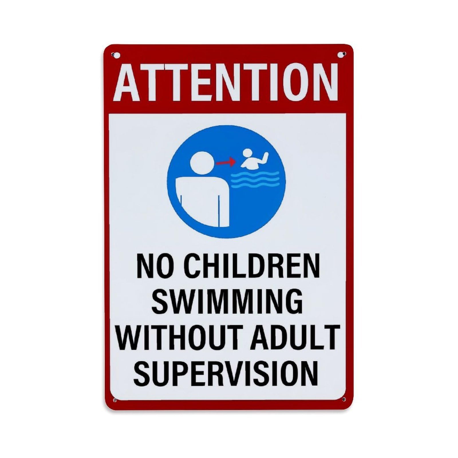 Attention No Children Swimming Without Adult Supervision Tin Sign Metal Poster Vintage Metal Signs for Home Man Cave Bar Cafe Kitchen laundry room Wall Decorations Gift 8x12Inch