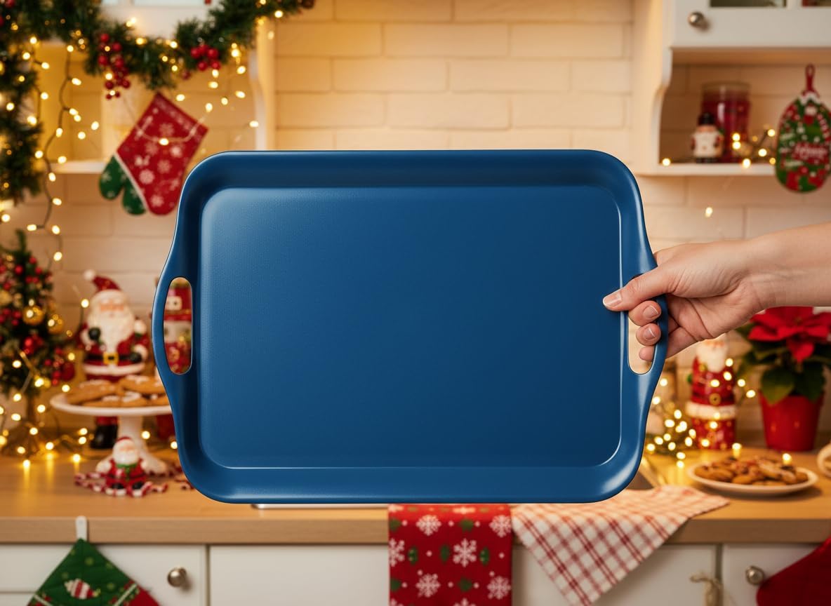 KINGEN 2-Pack Navy Blue Bamboo Fiber Serving Trays - 18×13-inch Extra Large w/Handles Tray, Platters for 4th of July, Christmas, BBQ, Picnic, Outdoor Dining - Durable, Lightweight (Classic Blue) - Image 2