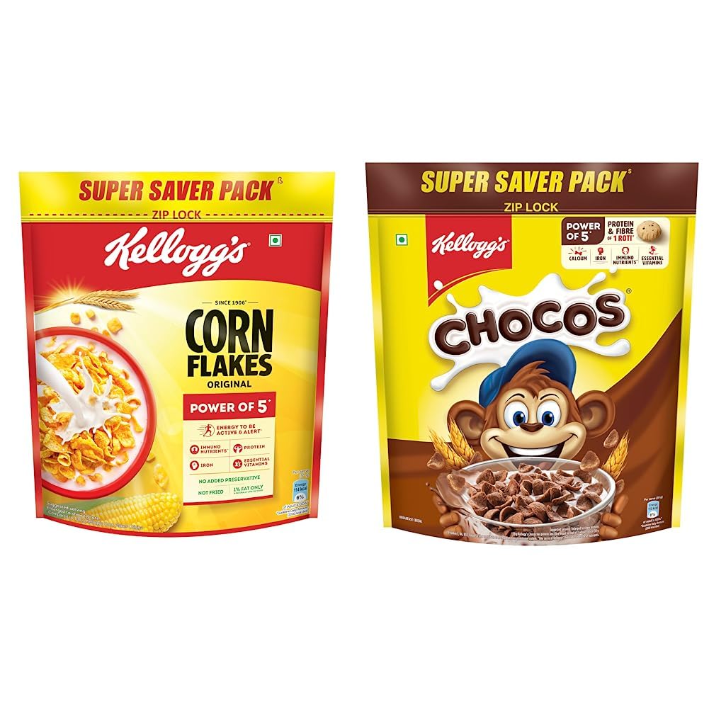 Combo, Kellogg's Corn Flakes Original, Breakfast Cereal, 875gms Pack and Kellogg's Chocos, High in Protein, B Vitamins, Calcium And Iron, 1.2kg Pack