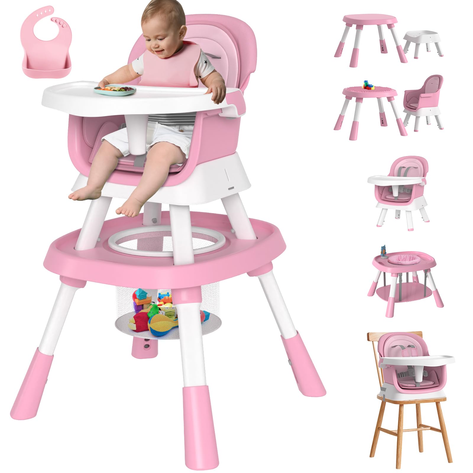 BIERUM 15-in-1 Convertible Baby High Chair for 2M-10Y Toddlers, Kids Learning Table & Baby Feeding Chair, Highchair with 360° Rotation, Removable Tray, 5 Point Harness, 2 Layer Cushion (Pink)