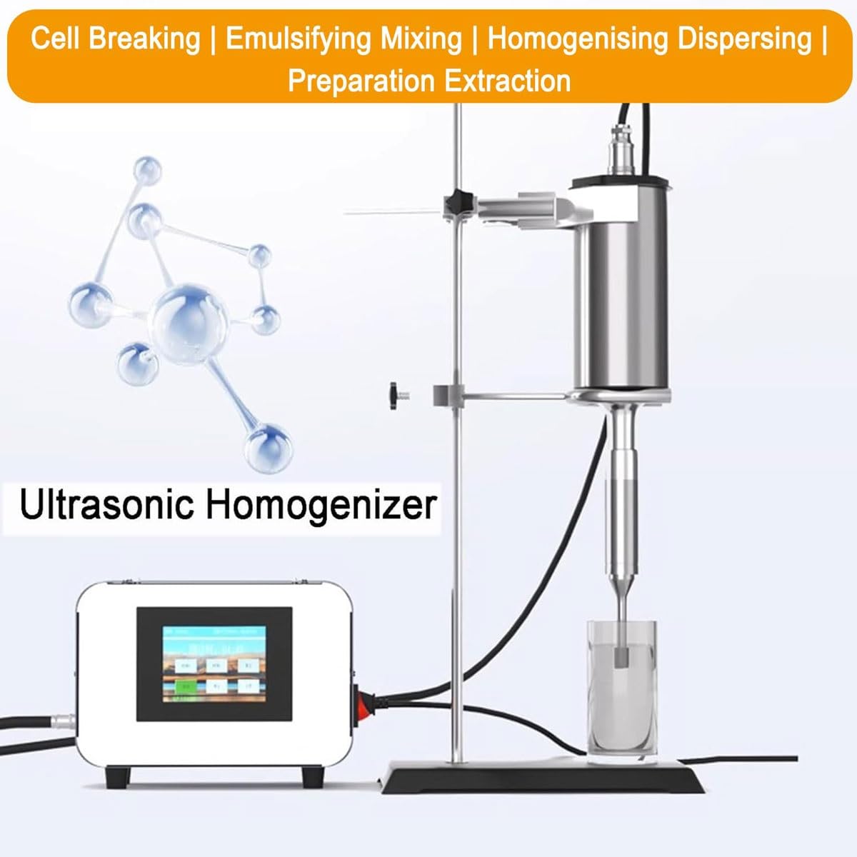 Ultraschall-Homogenisator, Sonicator, Prozessor, Zelldisruptor-Mischer, 20 kzh, Flüssigkeits-Emulgier-Trennung, Verarbeitungskapazität 500 ml, mit 8 mm Titan-Sondenhalterung für Labor